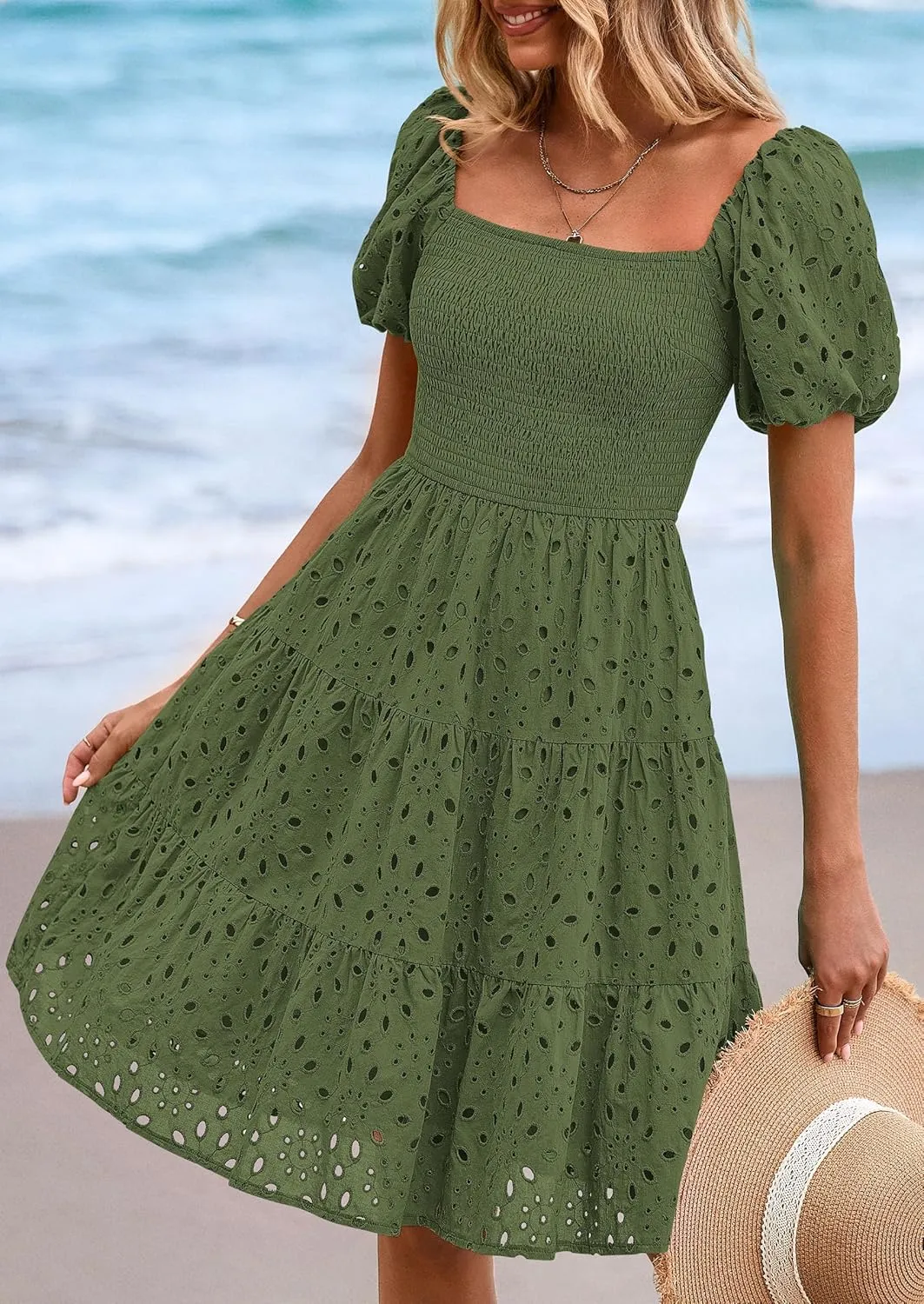 PRETTYGARDEN Womens Summer Puff Sleeve Mini Dress Off Shoulder Eyelet Smocked A Line Casual Babydoll Short Dresses