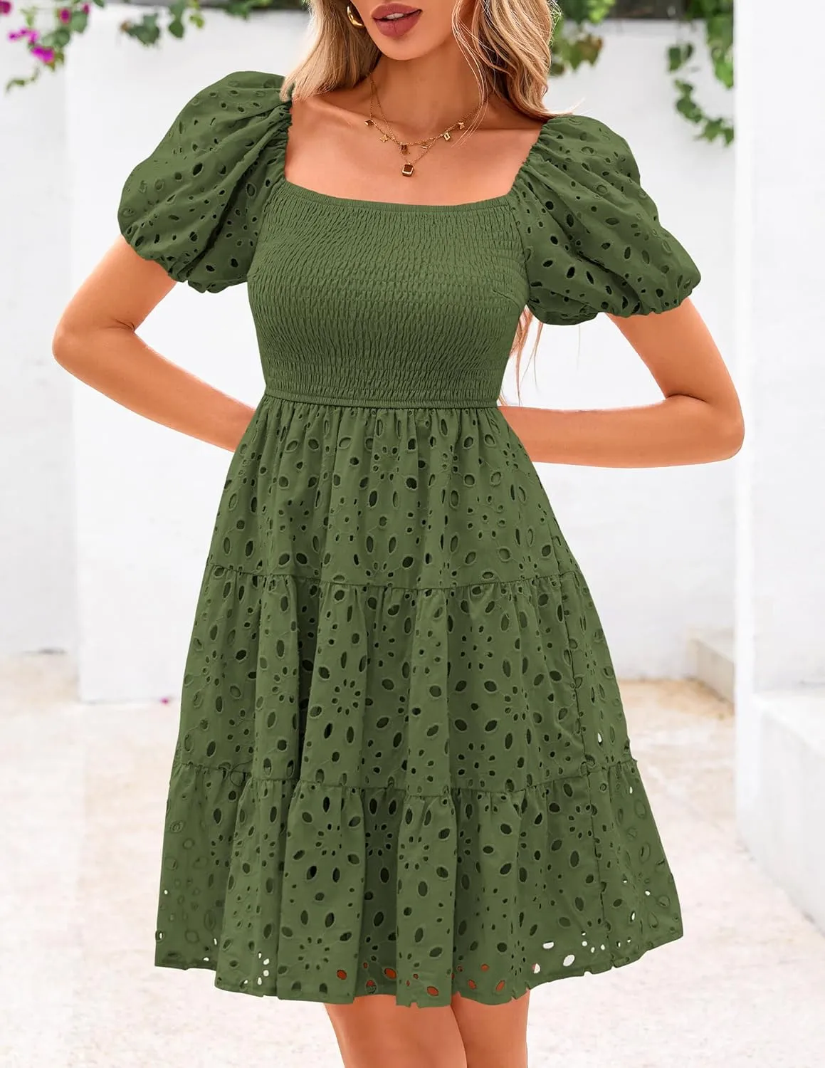 PRETTYGARDEN Womens Summer Puff Sleeve Mini Dress Off Shoulder Eyelet Smocked A Line Casual Babydoll Short Dresses