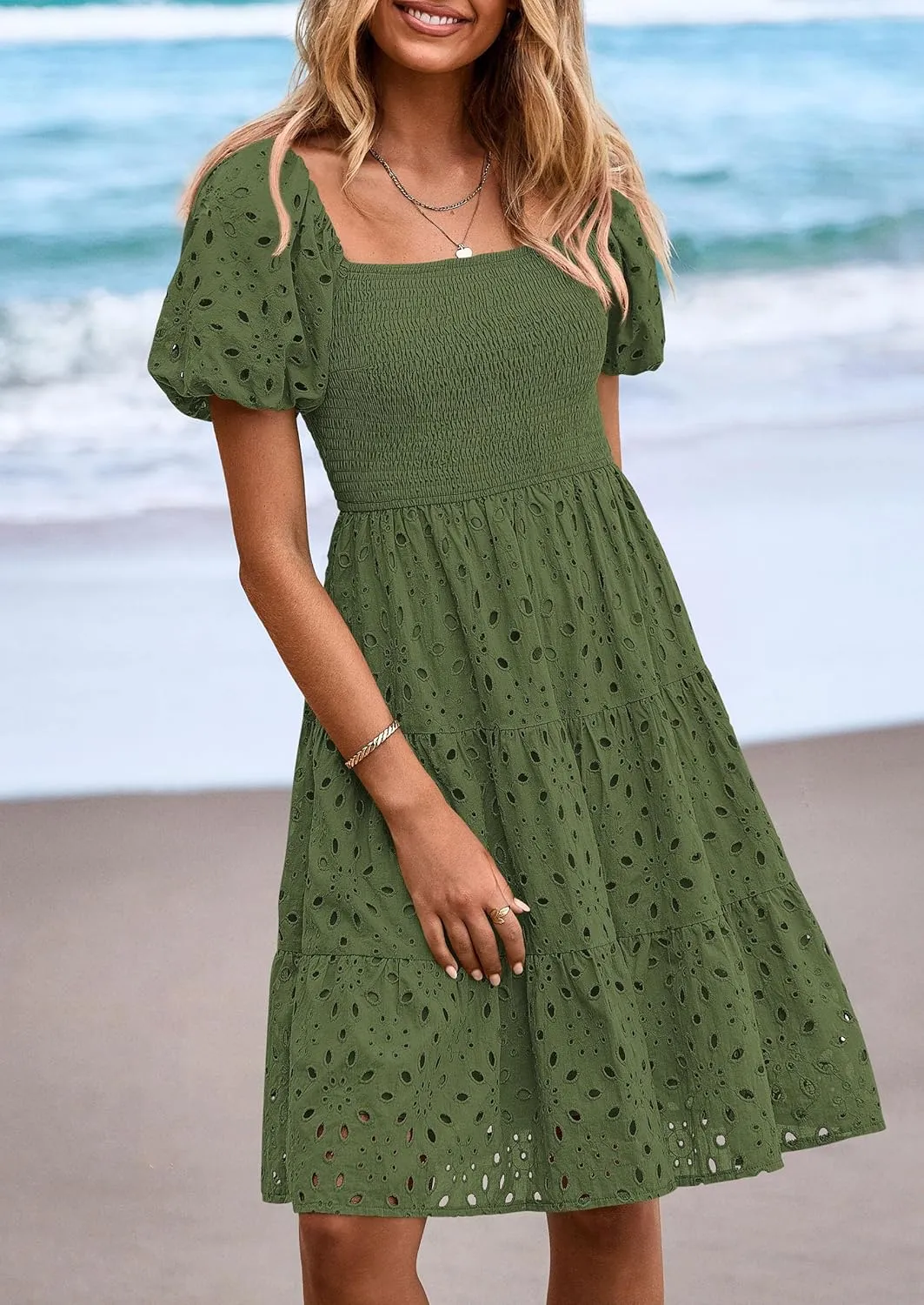 PRETTYGARDEN Womens Summer Puff Sleeve Mini Dress Off Shoulder Eyelet Smocked A Line Casual Babydoll Short Dresses