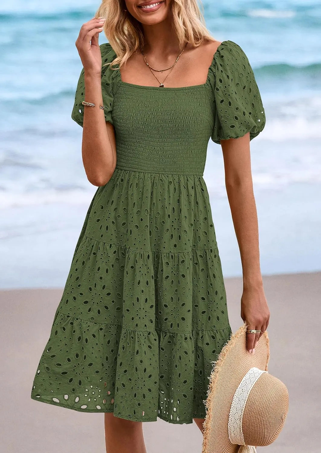PRETTYGARDEN Womens Summer Puff Sleeve Mini Dress Off Shoulder Eyelet Smocked A Line Casual Babydoll Short Dresses