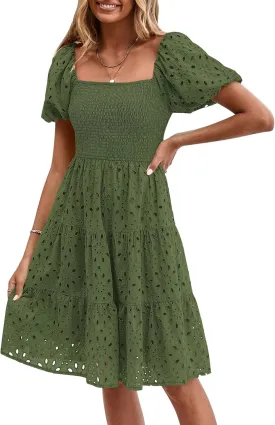 PRETTYGARDEN Womens Summer Puff Sleeve Mini Dress Off Shoulder Eyelet Smocked A Line Casual Babydoll Short Dresses