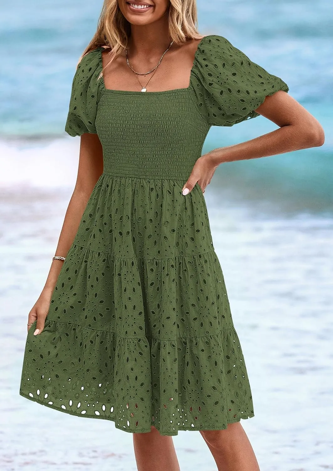PRETTYGARDEN Womens Summer Puff Sleeve Mini Dress Off Shoulder Eyelet Smocked A Line Casual Babydoll Short Dresses