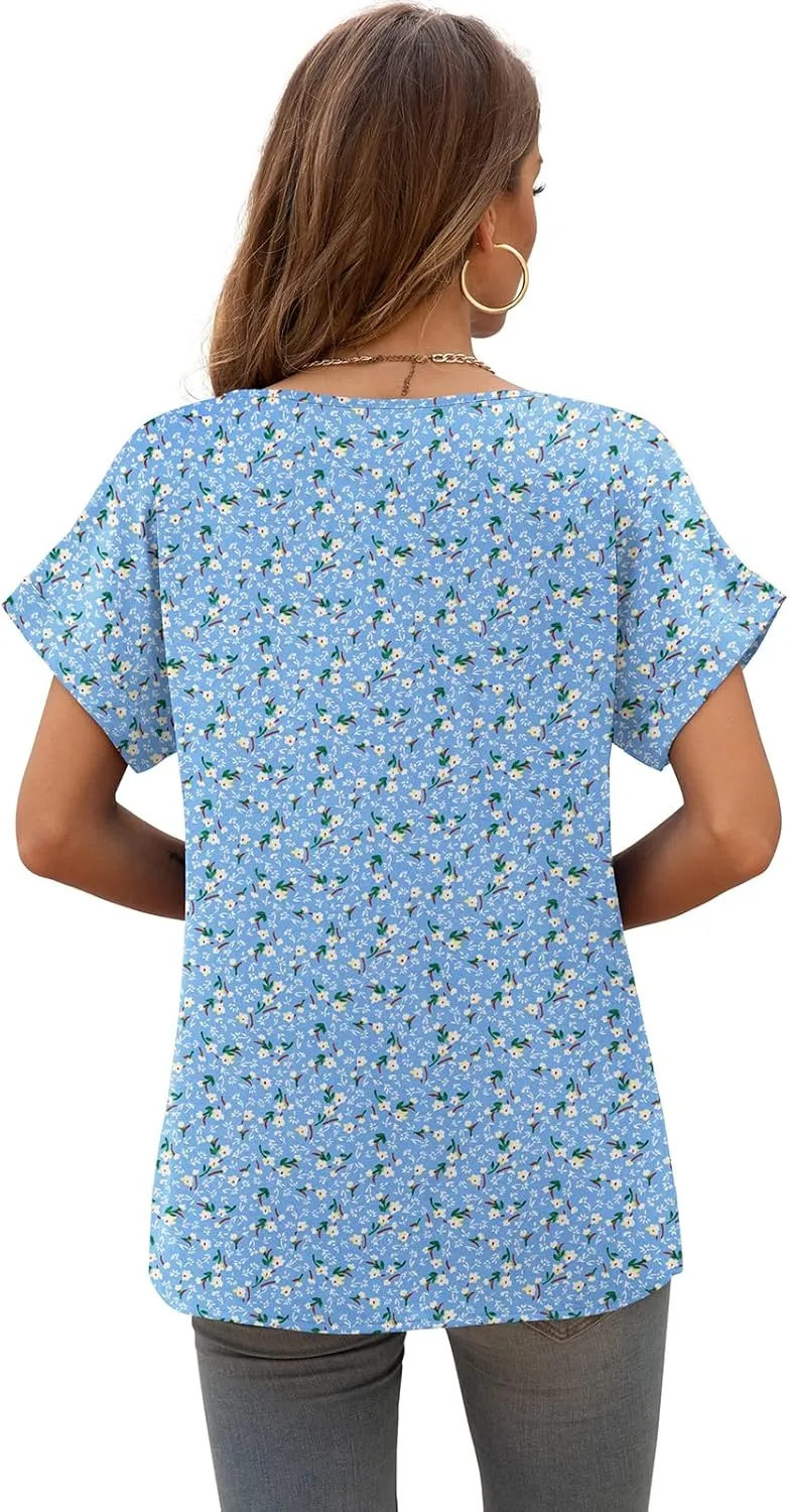 QUEZHU Summer Blouses for Women Elegant Casual V Neck Chiffon Blouses Tops Shirts