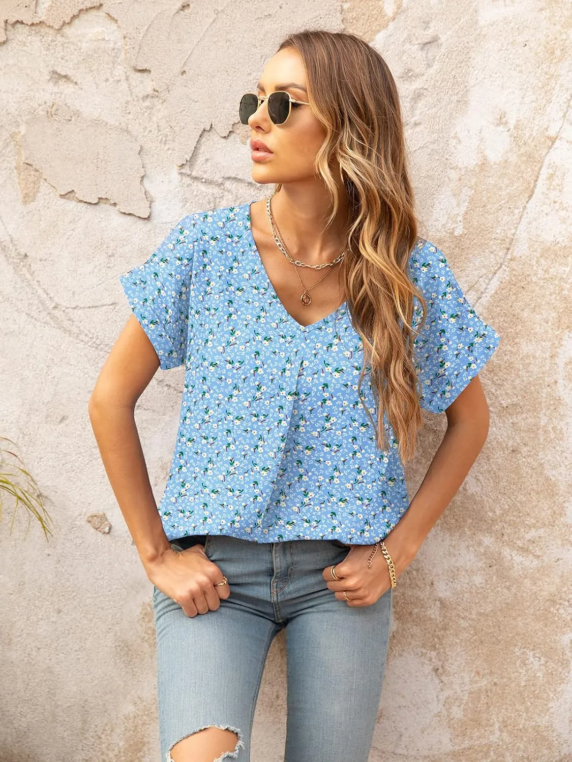 QUEZHU Summer Blouses for Women Elegant Casual V Neck Chiffon Blouses Tops Shirts