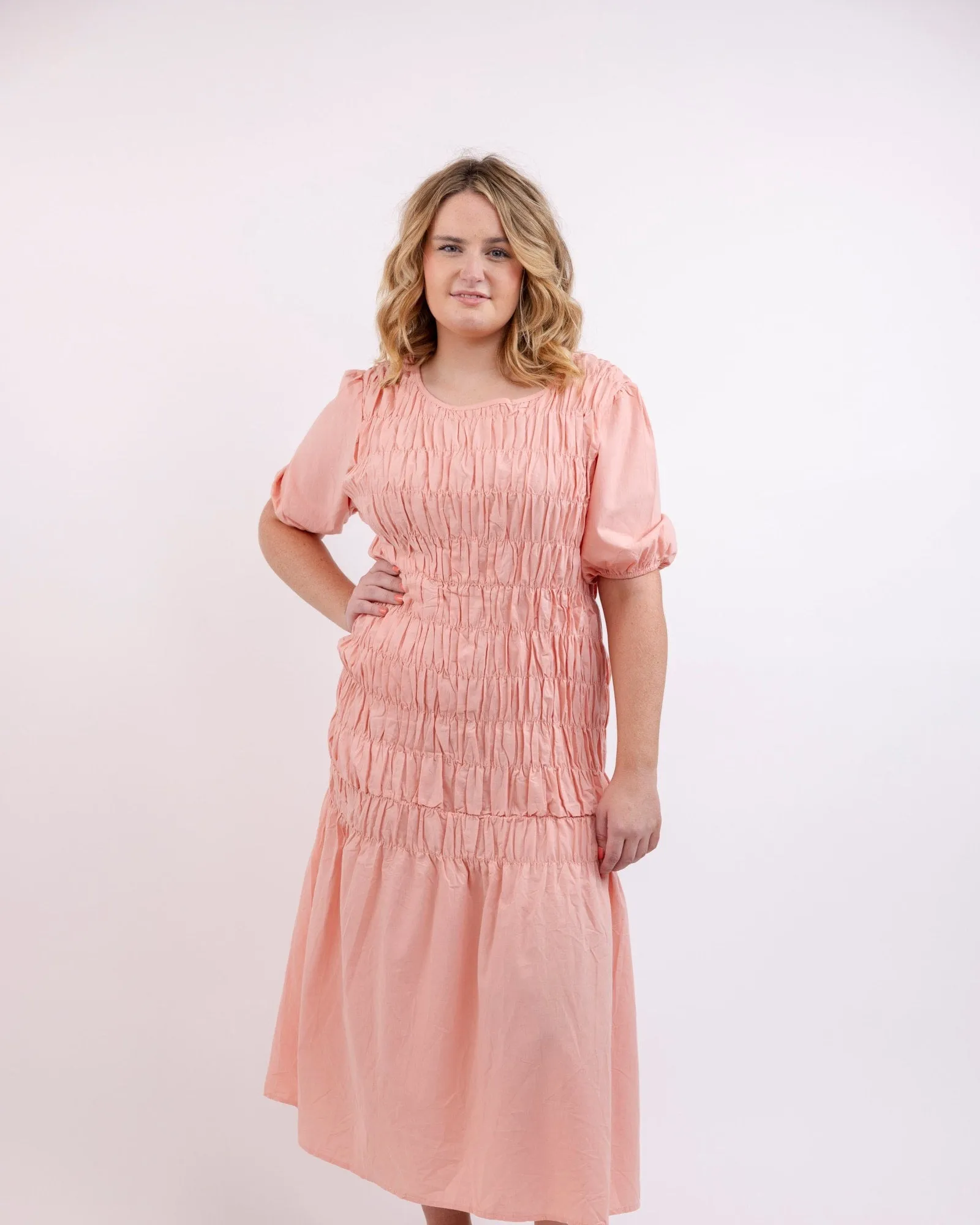 "Blush" Cotton Blend Pink Woven Midi Dress | Pink