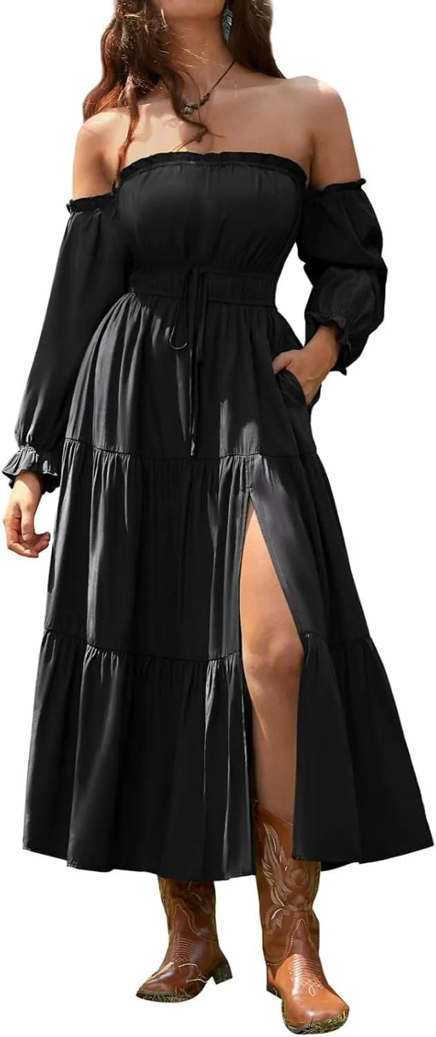 Scarlet Darkness Women's Renaissance Dress Off Shoulder Long Sleeve Flowy Dresses with Slit