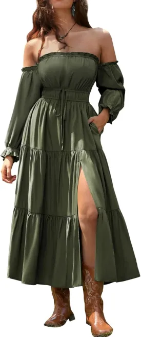 Scarlet Darkness Women's Renaissance Dress Off Shoulder Long Sleeve Flowy Dresses with Slit