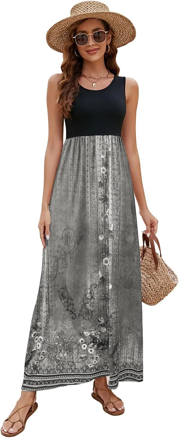 Sherosa Women Boho Chevron Striped Floral Printed Summer Sleeveless Tank Long Maxi Party Dress