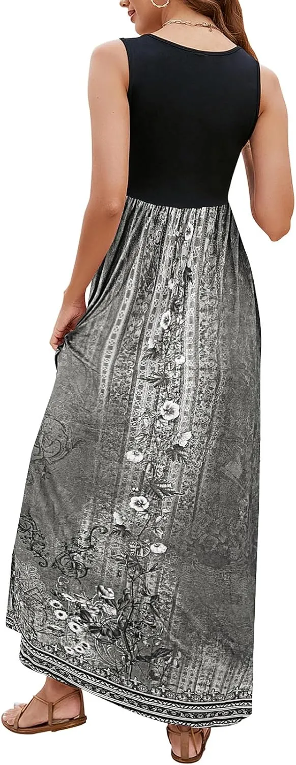 Sherosa Women Boho Chevron Striped Floral Printed Summer Sleeveless Tank Long Maxi Party Dress
