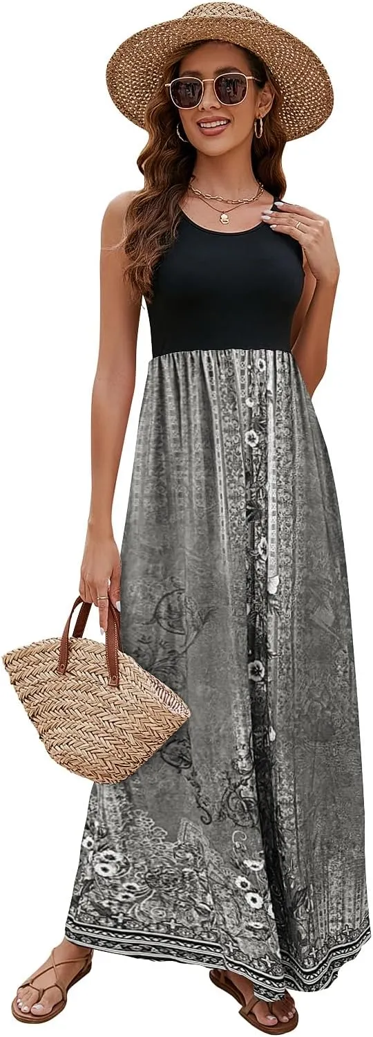 Sherosa Women Boho Chevron Striped Floral Printed Summer Sleeveless Tank Long Maxi Party Dress