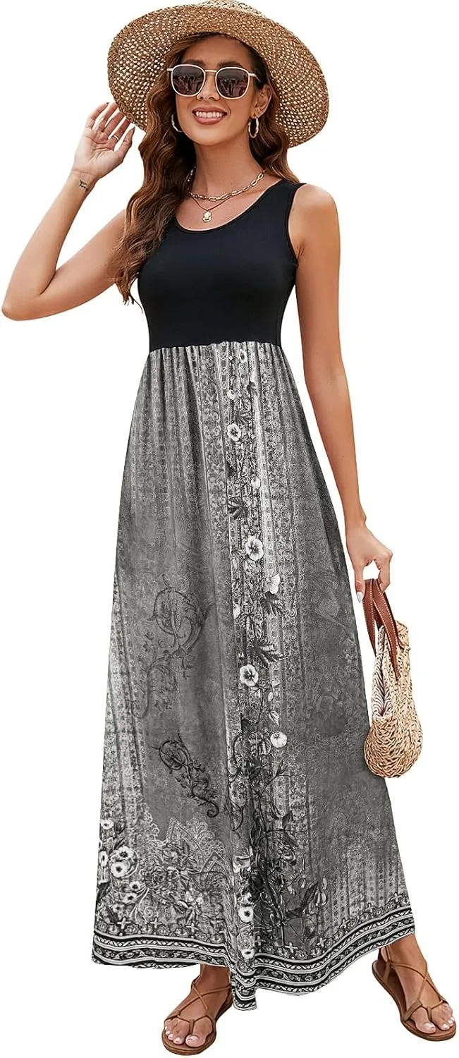 Sherosa Women Boho Chevron Striped Floral Printed Summer Sleeveless Tank Long Maxi Party Dress
