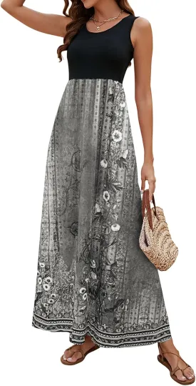 Sherosa Women Boho Chevron Striped Floral Printed Summer Sleeveless Tank Long Maxi Party Dress