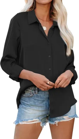 siliteelon Womens Button Down Shirts Solid Dress Shirts Long Sleeve Flowy Collared Work Office Business Blouses Chiffon Tops
