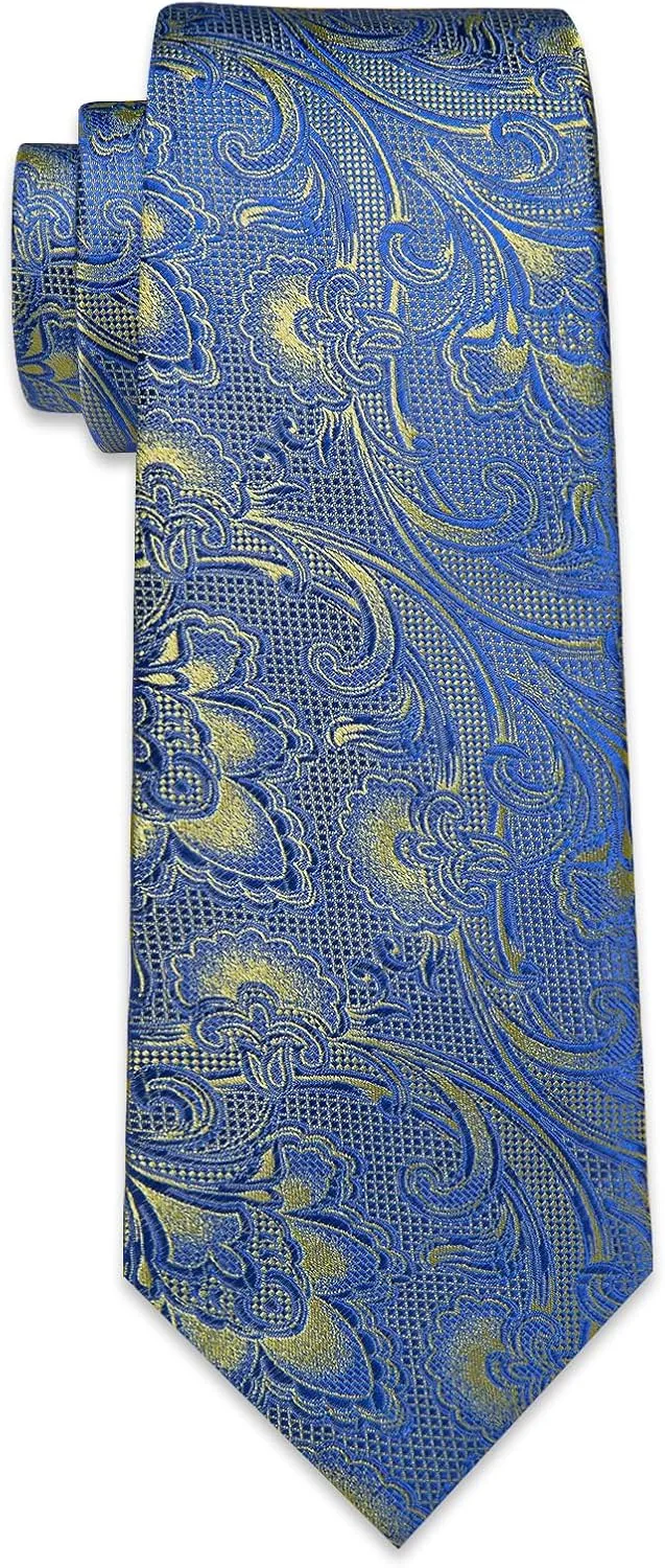 Silk Paisley Floral Tie and Pocket Square Cufflinks with Lapel Pin Sets for Men 5PC Wedding Party