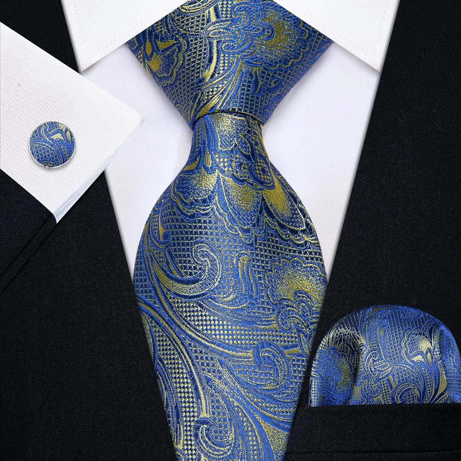 Silk Paisley Floral Tie and Pocket Square Cufflinks with Lapel Pin Sets for Men 5PC Wedding Party