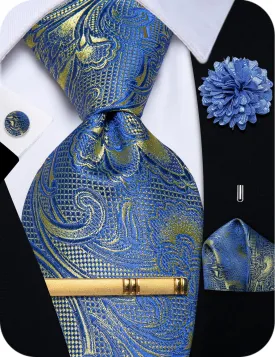 Silk Paisley Floral Tie and Pocket Square Cufflinks with Lapel Pin Sets for Men 5PC Wedding Party