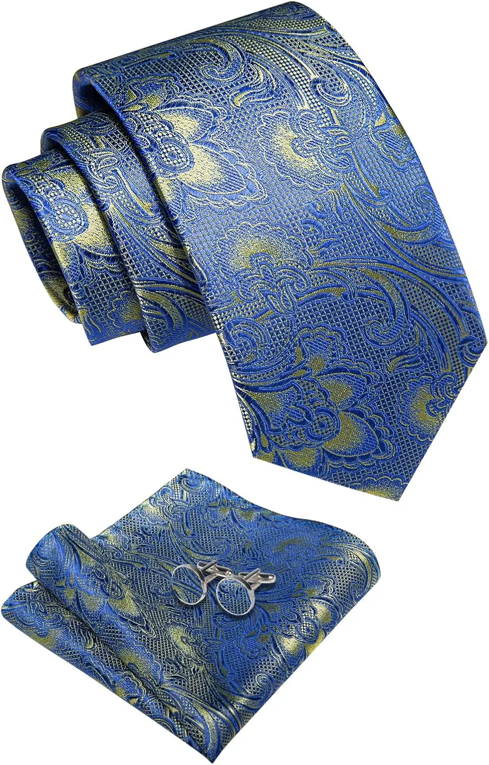 Silk Paisley Floral Tie and Pocket Square Cufflinks with Lapel Pin Sets for Men 5PC Wedding Party