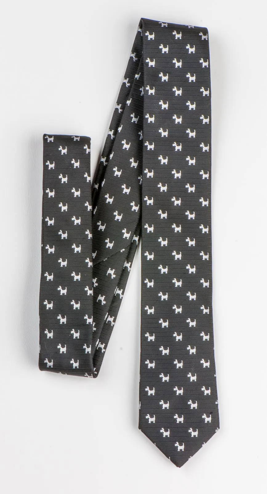 Skinny Tie By Christian Stephanus Silver Scotty Dogs On Black 2 inch
