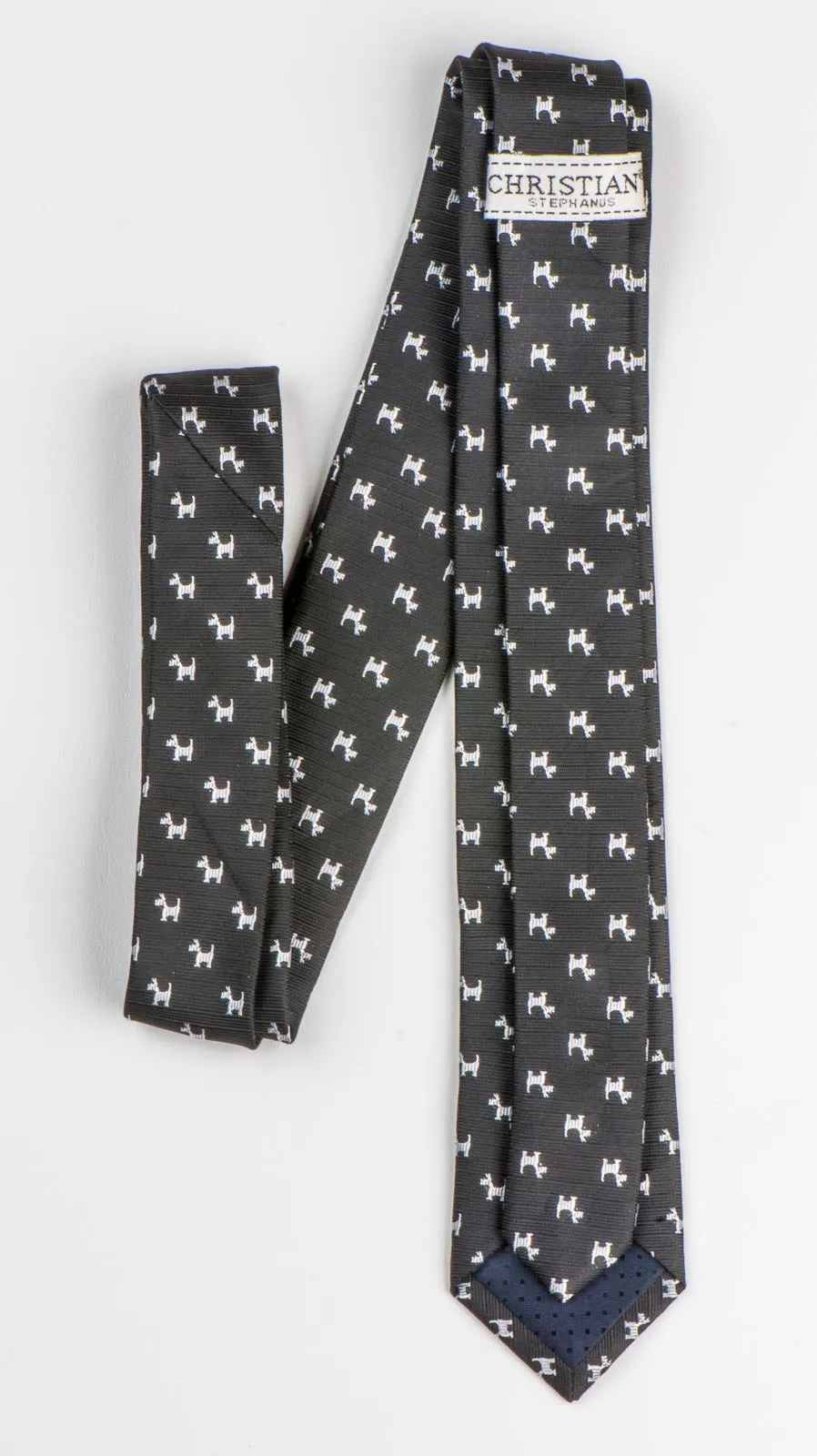 Skinny Tie By Christian Stephanus Silver Scotty Dogs On Black 2 inch