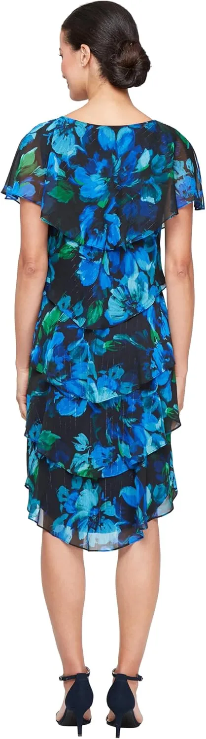 S.L. Fashions Women's Short Sleeve Floral Tiered Chiffon Cocktail Spring/Summer, Wedding Guest Dress
