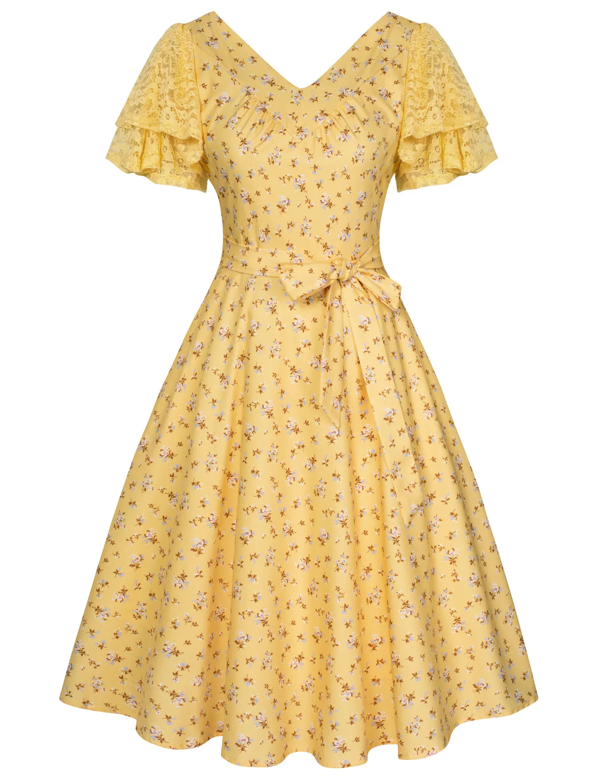Summer Short Puff Sleeve Cocktail Dress Vintage V-Neck A Line Swing Dresses with Belts