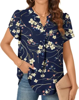 TAOHUADAO Womens Dressy Chiffon Blouses Summer Casual T-Shirts Petal Short Sleeve V Neck Tunic Tops for Leggings