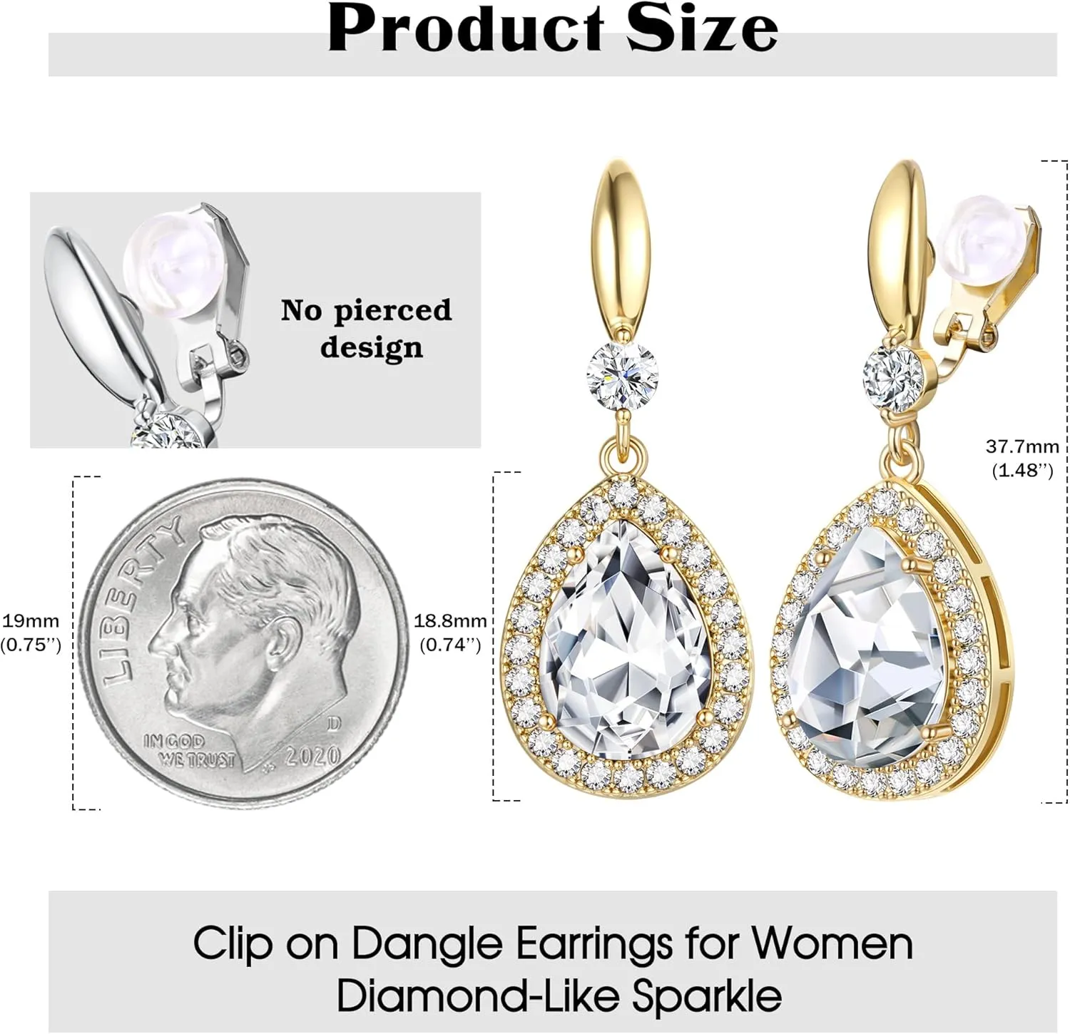THUNARAZ Elegant Clip on Earrings for Women Sparkling Teardrop Dangle Clip Earrings Non-Pierced Rhinestone Cubic Zirconia Wedding Prom Jewelry 14K Gold and Silver Tone