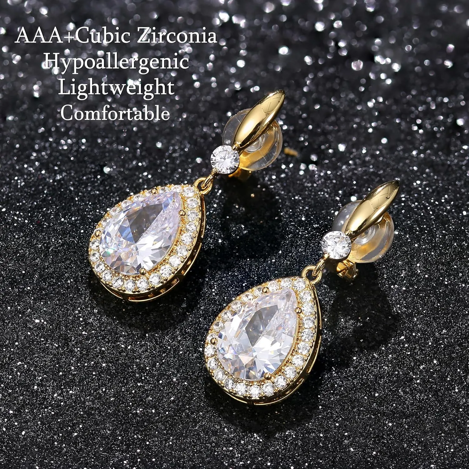 THUNARAZ Elegant Clip on Earrings for Women Sparkling Teardrop Dangle Clip Earrings Non-Pierced Rhinestone Cubic Zirconia Wedding Prom Jewelry 14K Gold and Silver Tone