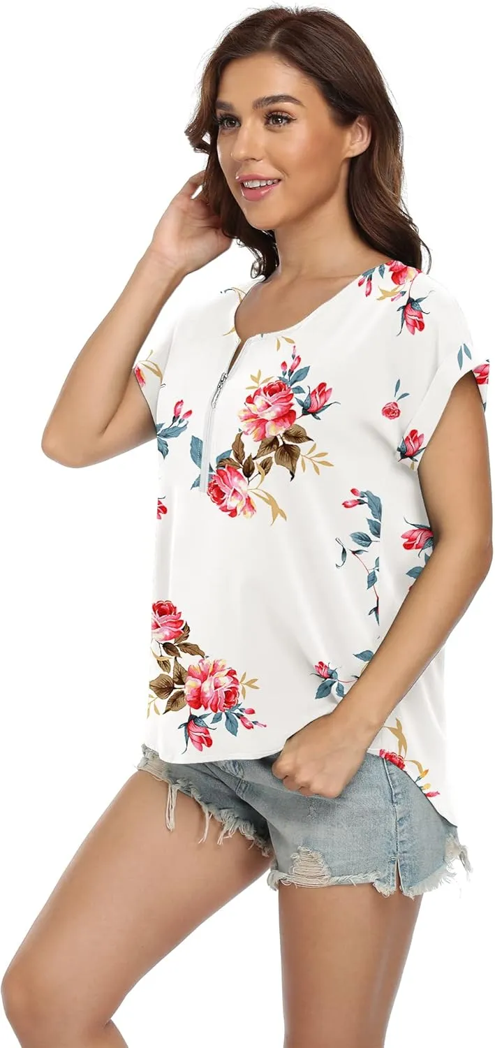 VIISHOW Women's Summer Casual Rolled Cuff Zip Half Placket Chiffon Short Sleeve Top Blouses