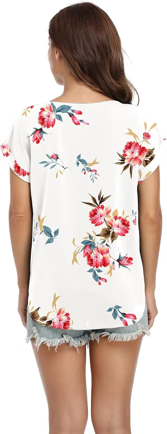 VIISHOW Women's Summer Casual Rolled Cuff Zip Half Placket Chiffon Short Sleeve Top Blouses