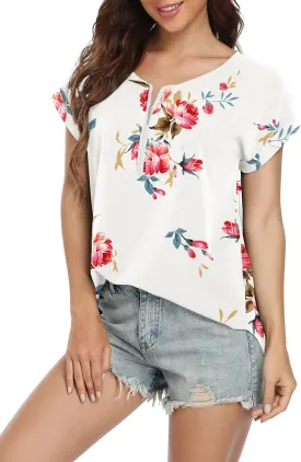 VIISHOW Women's Summer Casual Rolled Cuff Zip Half Placket Chiffon Short Sleeve Top Blouses