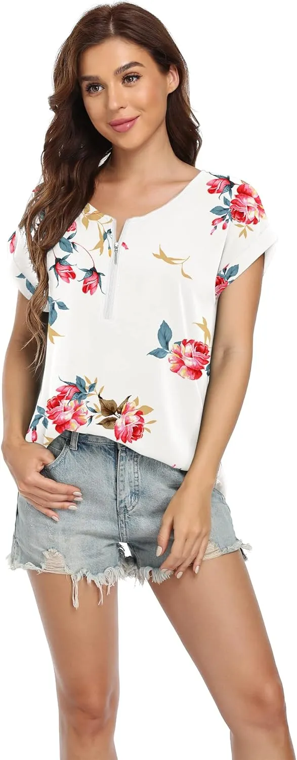 VIISHOW Women's Summer Casual Rolled Cuff Zip Half Placket Chiffon Short Sleeve Top Blouses
