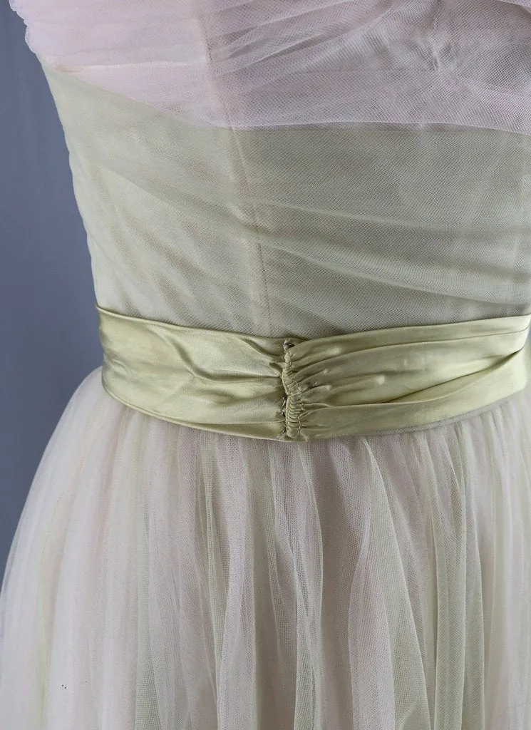 Vintage 1950s Spring Green & Blush Tulle Formal Dress