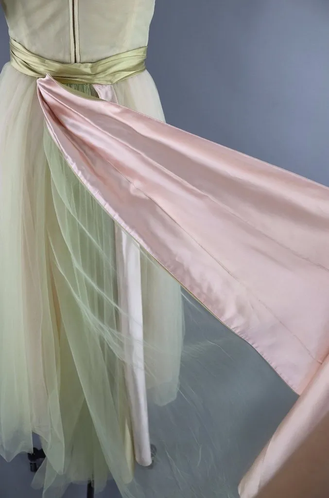 Vintage 1950s Spring Green & Blush Tulle Formal Dress