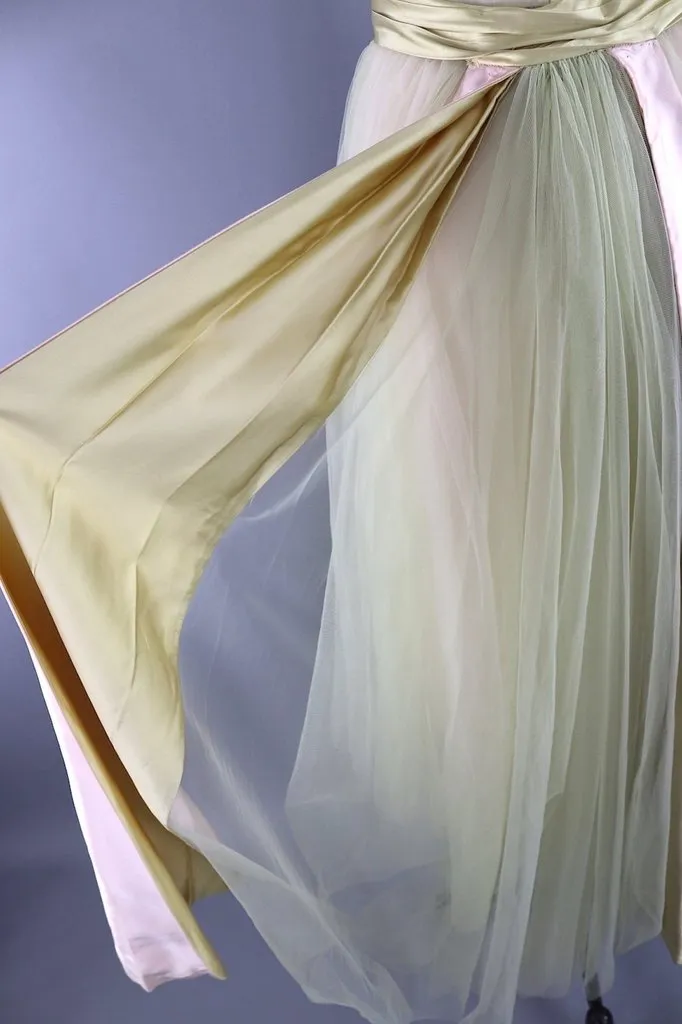 Vintage 1950s Spring Green & Blush Tulle Formal Dress