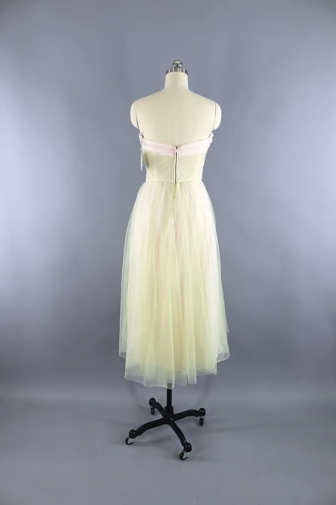 Vintage 1950s Spring Green & Blush Tulle Formal Dress