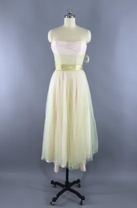 Vintage 1950s Spring Green & Blush Tulle Formal Dress