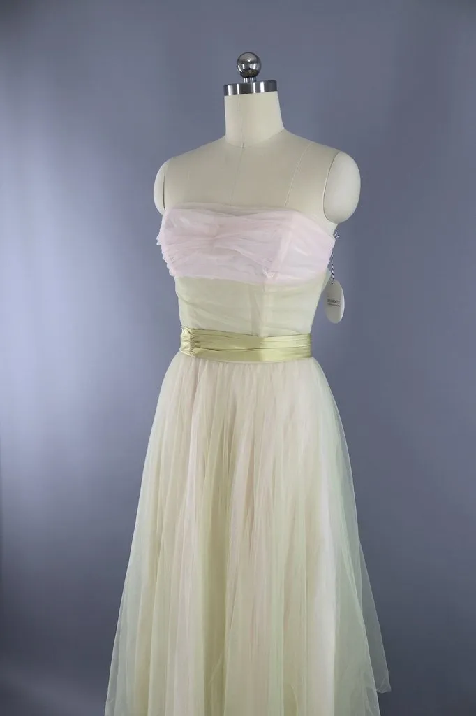 Vintage 1950s Spring Green & Blush Tulle Formal Dress