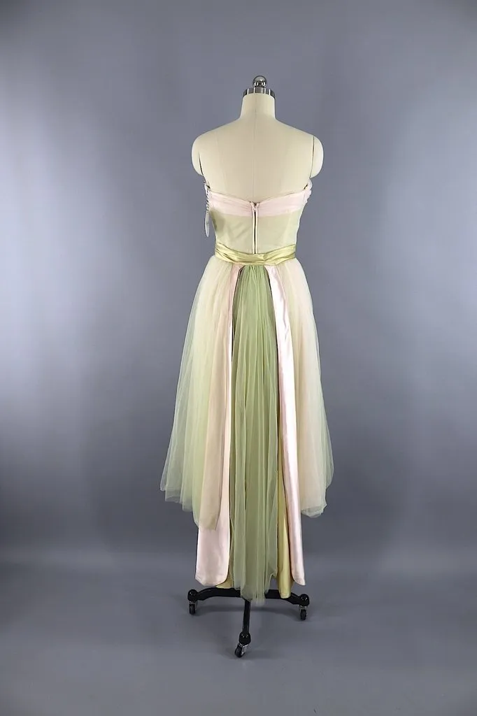 Vintage 1950s Spring Green & Blush Tulle Formal Dress