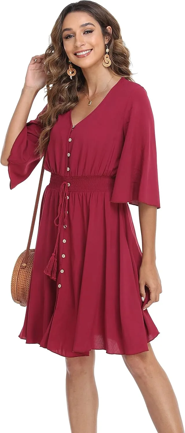 VintageClothing Women's Floral Sundresses Flowy Boho Summer Casual Beach Dress Button Up Midi Party Dress