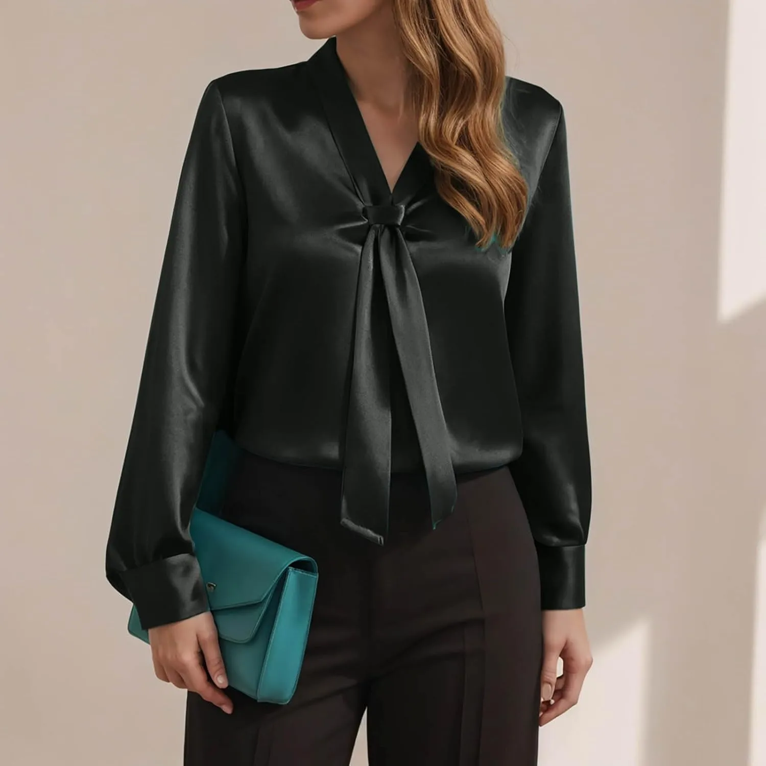 Winter Tops for Women Chiffon V-Neck Ribbon Elegant tie Blouse Long Sleeve Silk Tops Satin Blouses for Business