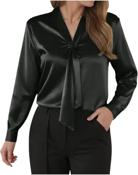 Winter Tops for Women Chiffon V-Neck Ribbon Elegant tie Blouse Long Sleeve Silk Tops Satin Blouses for Business