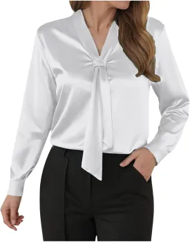 Winter Tops for Women Chiffon V-Neck Ribbon Elegant tie Blouse Long Sleeve Silk Tops Satin Blouses for Business