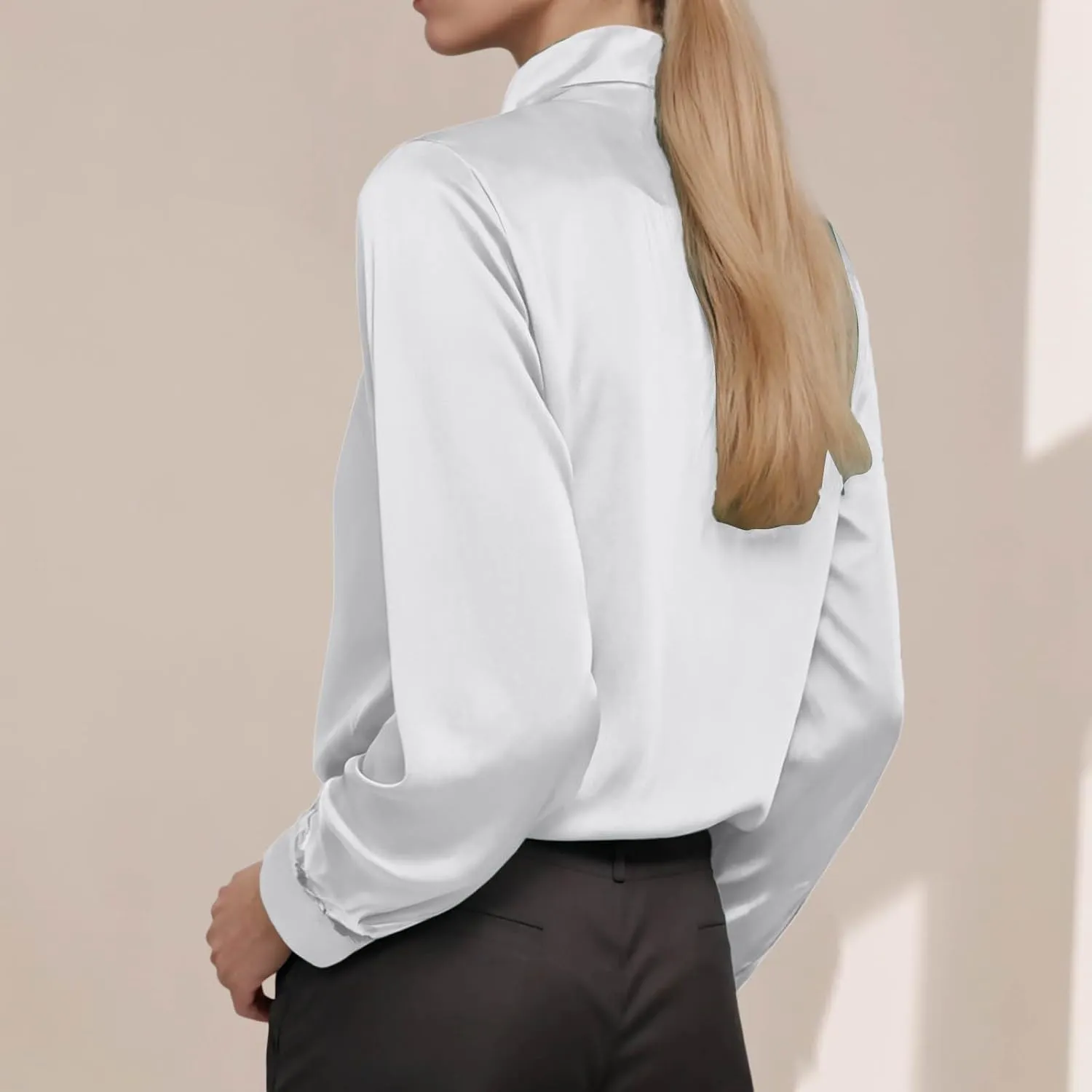 Winter Tops for Women Chiffon V-Neck Ribbon Elegant tie Blouse Long Sleeve Silk Tops Satin Blouses for Business