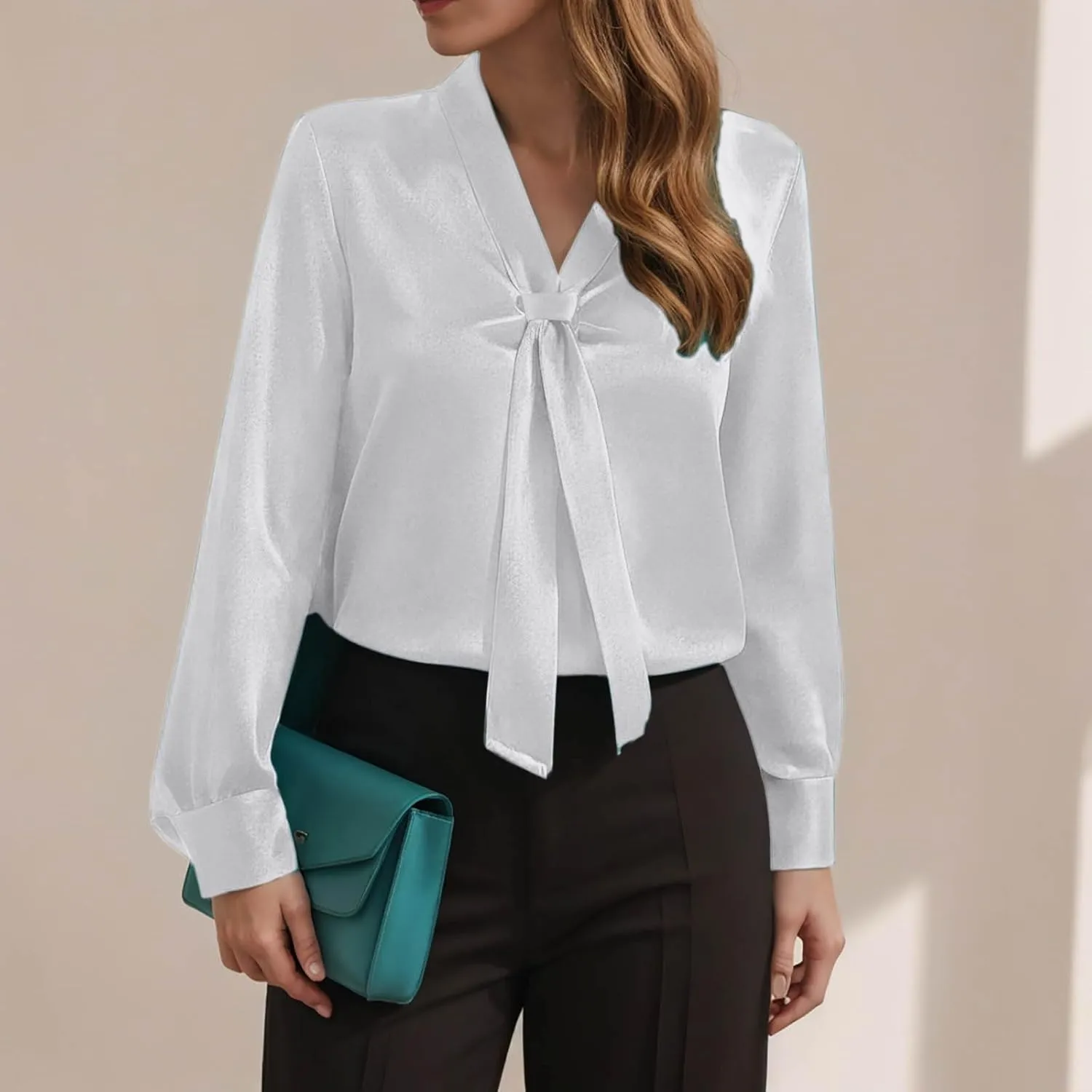 Winter Tops for Women Chiffon V-Neck Ribbon Elegant tie Blouse Long Sleeve Silk Tops Satin Blouses for Business
