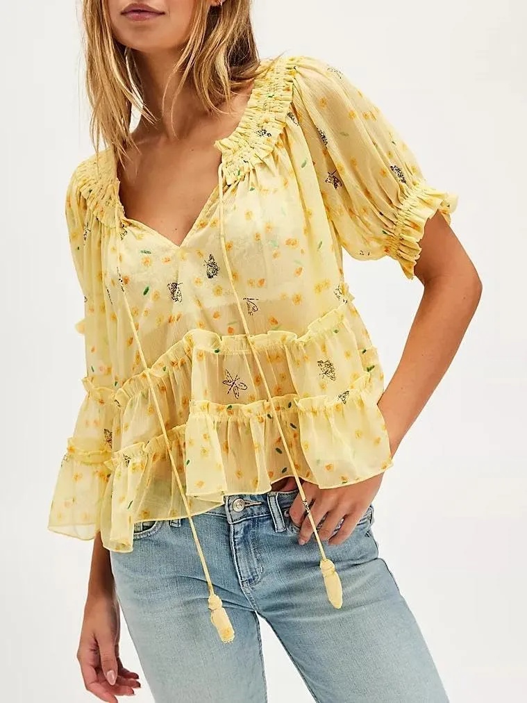 Women Floral Ruffle Short Sleeve Shirt Boho Lace Trim Crop Top Y2k Going Out Chiffon Blouse Summer Streetwear