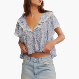 Women Floral Ruffle Short Sleeve Shirt Boho Lace Trim Crop Top Y2k Going Out Chiffon Blouse Summer Streetwear