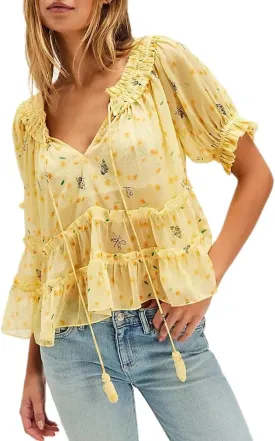 Women Floral Ruffle Short Sleeve Shirt Boho Lace Trim Crop Top Y2k Going Out Chiffon Blouse Summer Streetwear