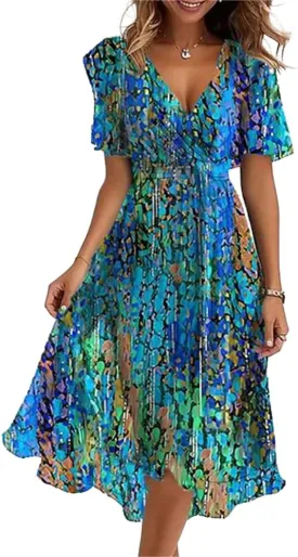 Womens Boho Floral Printed Chiffon Dresses 2025 Elegant V Neck Belted Summer Wedding Prom Cocktail Midi Dress