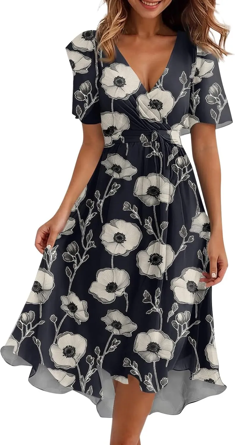 Womens Boho Floral Printed Chiffon Dresses 2025 Elegant V Neck Belted Summer Wedding Prom Cocktail Midi Dress